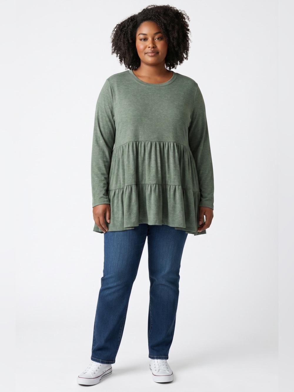 Tiered Ruffle Long-Sleeve Tunic in Olive